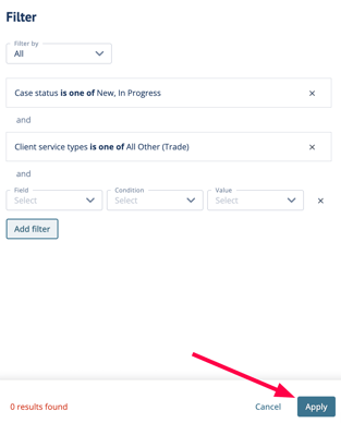 Add additional filters (as needed) > Apply