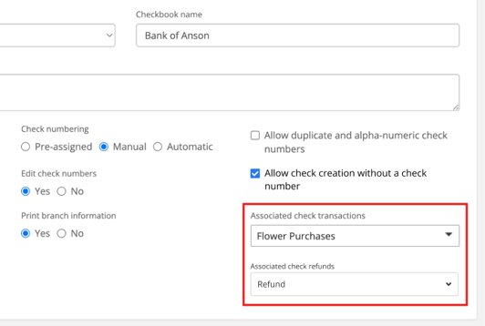 Red box around Associated check transactions and Associated check refunds dropdowns