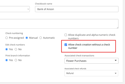 Red box around 'Allow check creation without a check number' setting