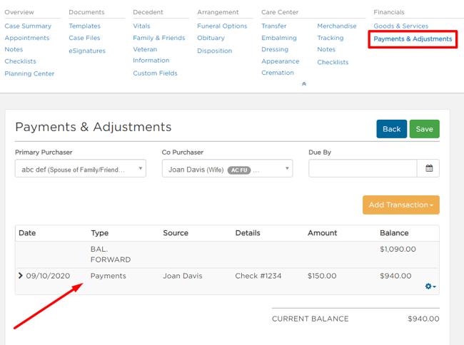 Payment added to Payments & Adjustments call