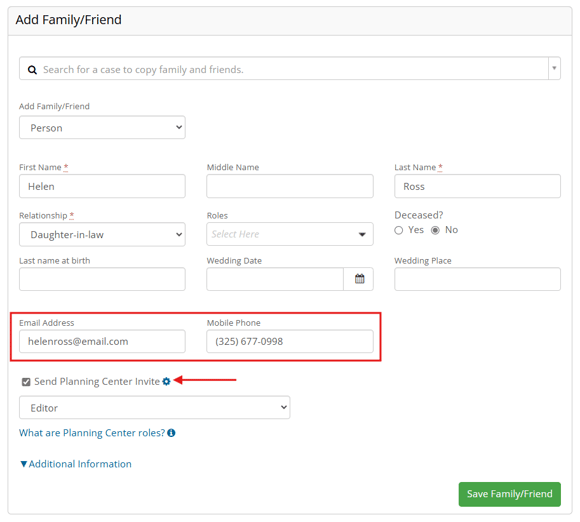 Family/friend entry showing email, mobile phone, and Planning Center invite fields