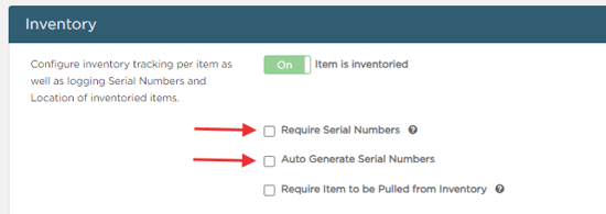 Inventory serial number settings per price list item