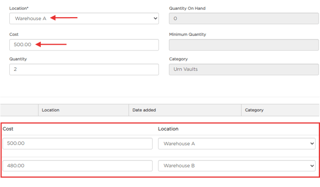 Edit cost and location fields per item