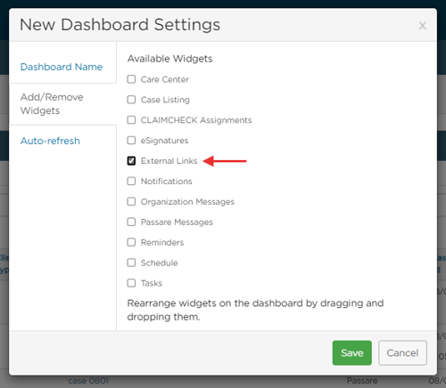 Dashboard tab widget options