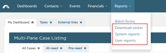 Reports dropdown in navigation
