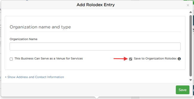 Save to organization rolodex checkbox