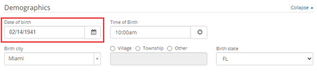 Demographics section of Vitals page