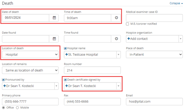 Death section of Vitals page