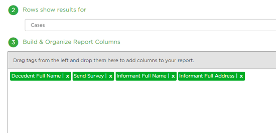User report columns showing decedent name, send survey, informant contact