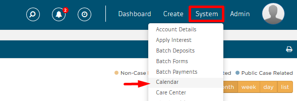 select system in toolbar, select calendar from drop down