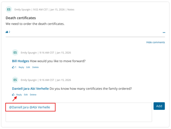 Note with two comments, an arrow pointing to the "Reply" action on the last comment, and a box around two automatically mentioned users in a new comment