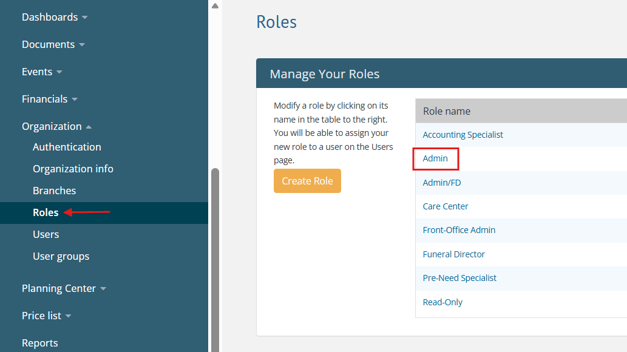 Settings > Organization > Roles page with a box around the "Admin" role link