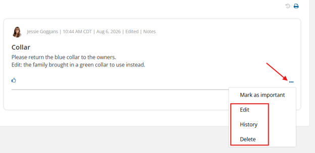 Ellipsis menu on a note showing Edit, History, and Delete options