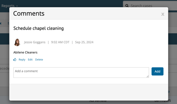 Task comment modal with a note, comment, and comment actions