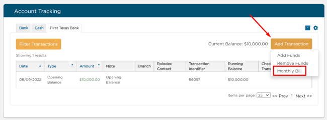 New Bank Transaction appears under Account Tracking > Add Transaction dropdown
