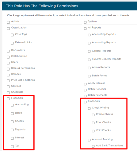 Financials Roles & Permissions