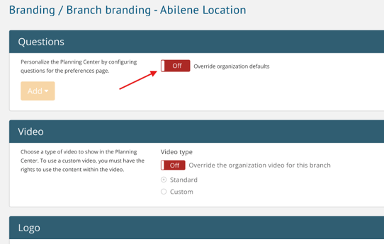Branch branding page showing disabled toggles