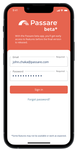 Passare beta login screen with email and password