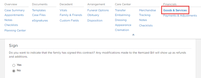 Sign section of Goods & Services page