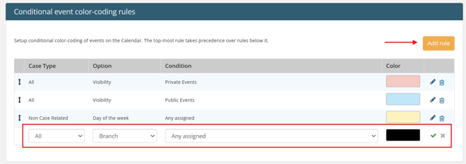 Calendar settings showing Add rule button and customizable rule