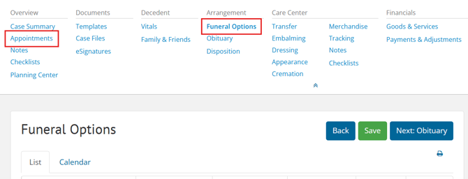 Case navigation showing Appointments and Funeral Options links