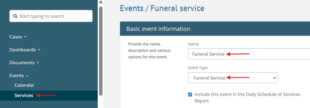 Events > Services > Funeral Service settings page showing Name and Event Type fields, both named Funeral Service