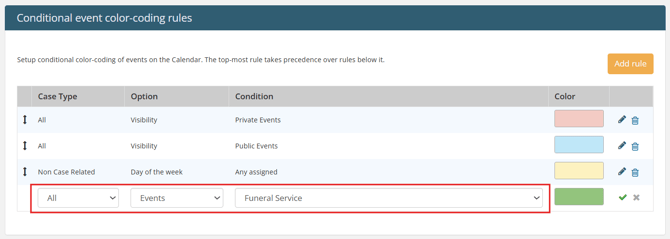 New rule with All case types > Events > Funeral Service > green selected