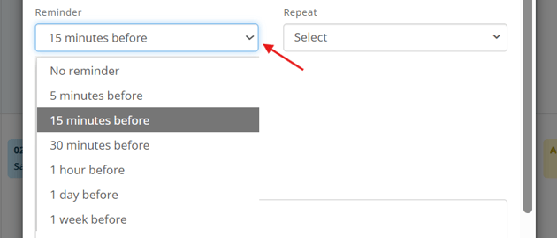 Reminder dropdown in Event settings modal