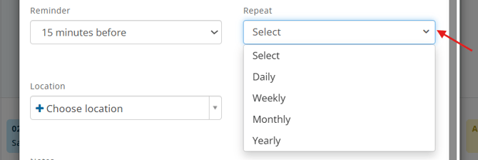 Repeat dropdown in Event settings modal