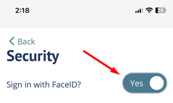 Toggle on FaceID setting
