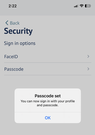 Passcode confirmation message