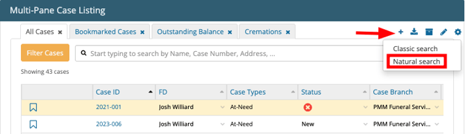 Once enabled, navigate to the Case listings search bar section  Select the "+" button > Natural search