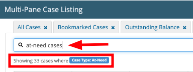 Results appear in the case listing below, with applied filters shown as labels.
