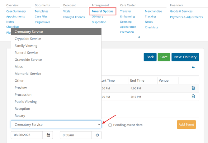 Funeral Options page with Event dropdown open