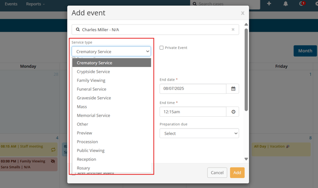 Service type dropdown in Add Event modal