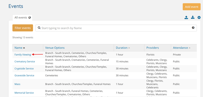 Events page with events listed