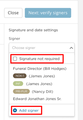 Signature settings to show Signature not required and Add signer