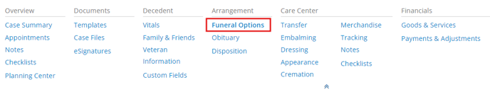 Funeral Options link in case menu