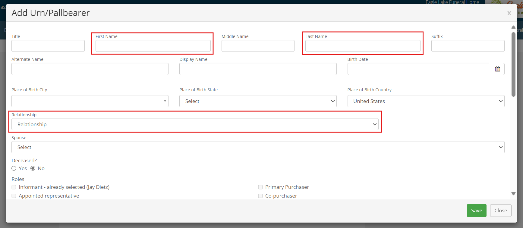 Add urn/pallbearer modal