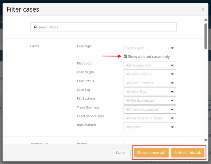 Show deleted cases only checkbox