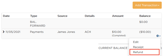 Refund in the gear dropdown
