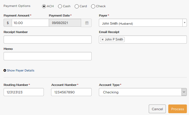 ACH payment fields
