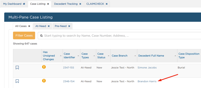 Select decedent name on Case Listing tab