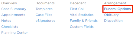 Funeral options link in navigation