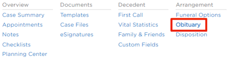 Obituary link in navigation