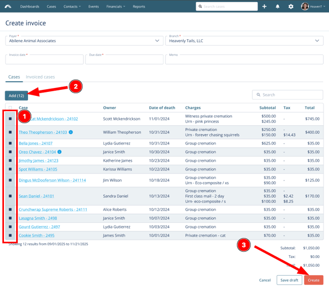 Select&nbsp;cases to add to your&nbsp;invoice&nbsp; >&nbsp; Add&nbsp; >&nbsp; Create