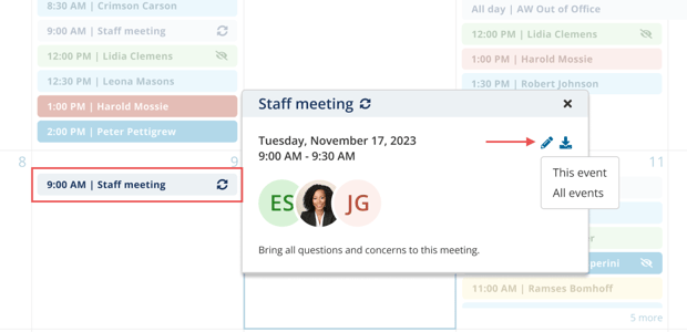 Recurring event popover with pencil icon
