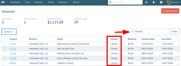 Search results populated after typing 'closed' in the search bar on the invoices page