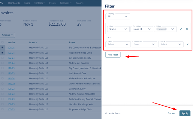 Filter invoices drawer is opened and the information fields, add filter button, and apply button are pointed out by red arrows