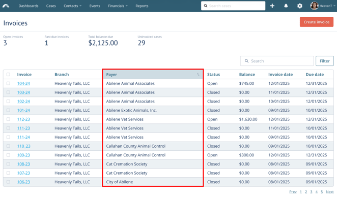 Sort invoices view on the Invoices page. Sorted by Payer in the picture